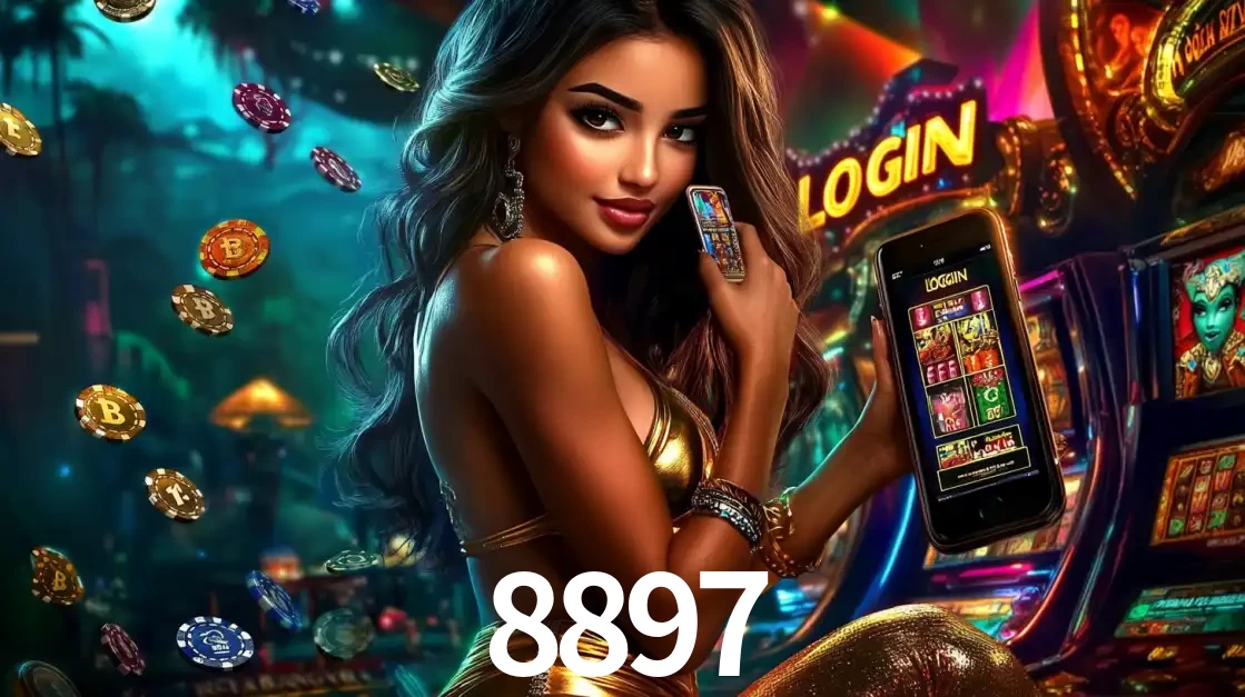 Mulher em um cenário de cassino temático de aventura, mostrando o app de caça-níqueis da 8897 no celular. Fichas de apostas flutuam ao redor.