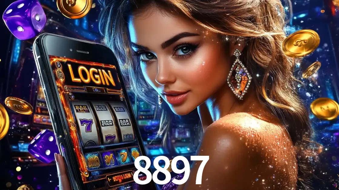 Mulher glamorosa segurando um smartphone com a tela de login para os jogos de caça-níqueis do cassino online 8897, com moedas de ouro e dados ao redor.