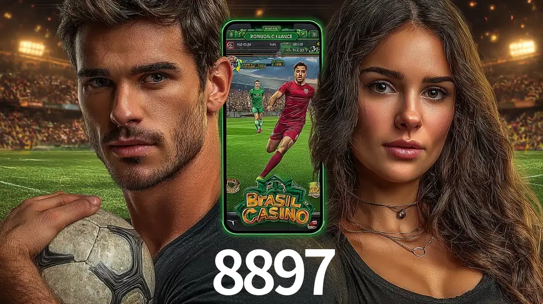Homem segurando uma bola de futebol e uma mulher ao lado de um smartphone exibindo o jogo de apostas esportivas da 8897. Faça seu palpite no cassino online.